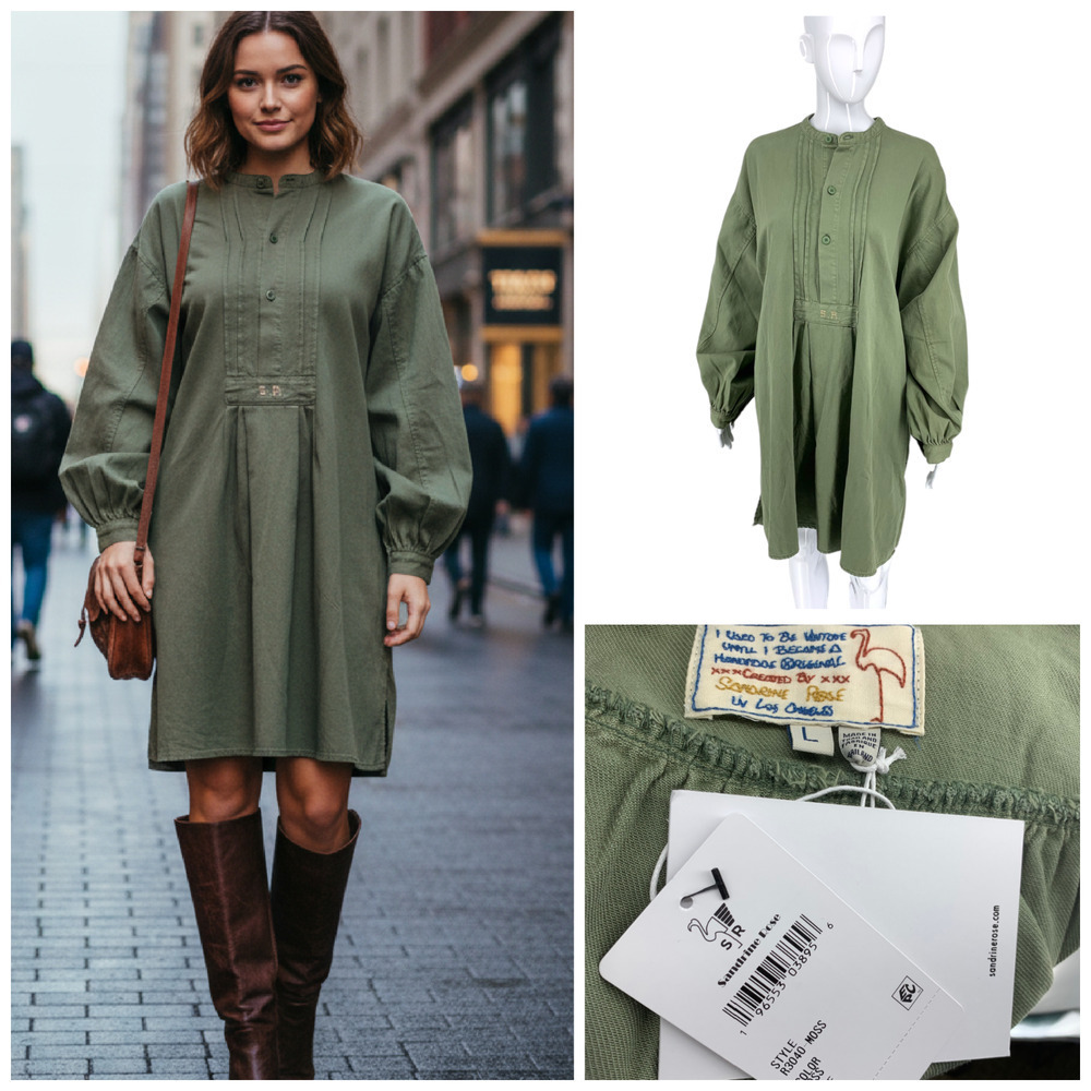 New Sandrine Rose x Free People Sz L Moss Green Twill Oversized Tunic Dress NWT